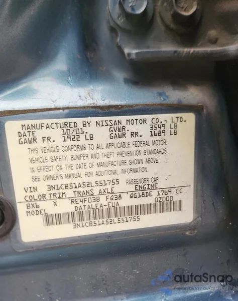 2002 Nissan Sentra Gxe z USA, uszkodzony, nr VIN 3N1CB51A52L551755